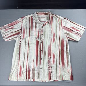 Tommy Bahama Shirt Men XL Striped Beige Short Sleeve Silk Hawaiian AOP Loop Neck